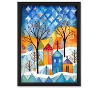 Artery8 Abstract Winter Snowfall Folk Art Wall Art Print - A4 Size
