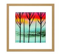 Artery8 Abstract Winter Trees Bright Vibrant Sunset Watercolour Painting Square Wooden Framed Wall Art Print Picture 8X8 Inch in Light Oak Artery8 Light Oak