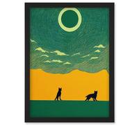 Artery8 Abstract Wolves Minimalist Surreal Sky Green Yellow Artwork Framed Wall Art Print A4 in Black Artery8 Black