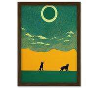 Artery8 Abstract Wolves Minimalist Surreal Sky Green Yellow Artwork Framed Wall Art Print A4 in Brown Artery8 Brown
