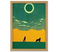 Artery8 Abstract Wolves Minimalist Surreal Sky Green Yellow Artwork Framed Wall Art Print A4 in Light Oak Artery8 Light Oak