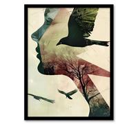 Abstract Woman Profile Portrait Crows Trees Dark Framed Art Print Artery8 Beige A4