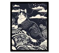 Abstract Zen Black and White Cat in Flowers Magic Framed Art Print Artery8 Black A4