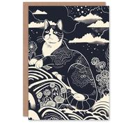 Artery8 Abstract Zen Black and White Cat in Flowers Magic Greeting Birthday Card Him Her All Blank