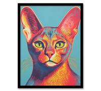 Artery8 Abyssinian Cat Lino Reduction Red On Blue Bold Vibrant Screen Print Risograph Artwork Spot Block Colour Duotone Retro Riso Interior Design Artery8 Black W12" x H16"