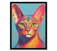 Artery8 Abyssinian Cat Lino Reduction Red On Blue Bold Vibrant Screen Print Risograph Artwork Spot Block Colour Duotone Retro Riso Interior Design Artwork Framed Wall Art Print A4
