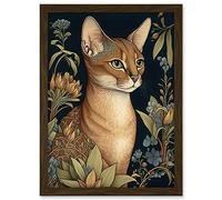 Artery8 Abyssinian Cat with Flowers Art Nouveau Modern Watercolour Illustration Artwork Framed A3 Wall Art Print