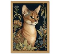 Abyssinian Cat with Flowers Art Nouveau Modern Watercolour Illustration Artwork Framed Wall Art Print A4 Artery8 Light Oak One Size