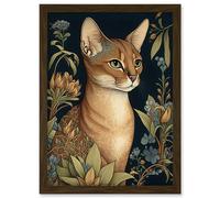 Abyssinian Cat with Flowers Art Nouveau Modern Watercolour Illustration Artwork Framed Wall Art Print A4 Artery8 Brown One Size