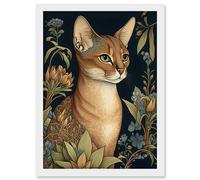 Abyssinian Cat with Flowers Art Nouveau Modern Watercolour Illustration Artwork Framed Wall Art Print A4 Artery8 White One Size