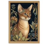 Abyssinian Cat with Flowers Art Nouveau Modern Watercolour Illustration Artwork Framed Wall Art Print A4 Artery8 Light Oak One Size