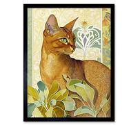 Wall Art Print Abyssinian Cat with Plants Art Nouveau Bright Modern Watercolour Art Framed Artery8 Black W12 inch x H16 inch