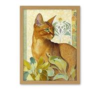 Artery8 Abyssinian Cat with Plants Art Nouveau Bright Modern Watercolour Illustration Artwork Framed Wall Art Print 18X24 Inch