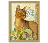Artery8 Abyssinian Cat with Plants Art Nouveau Bright Modern Watercolour Illustration Artwork Framed Wall Art Print A4 in Light Oak Artery8 Light Oak