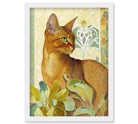 Abyssinian Cat with Plants Art Nouveau Bright Modern Watercolour Illustration Artwork Framed Wall Art Print A4 Artery8 White One Size