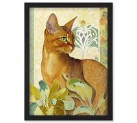 Abyssinian Cat with Plants Art Nouveau Bright Modern Watercolour Illustration Artwork Framed Wall Art Print A4 Artery8 Black One Size