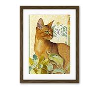 Artery8 Abyssinian Cat with Plants Art Nouveau Bright Modern Watercolour Illustration Artwork Framed Wall Art Print 18X24 Inch