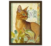 Artery8 Abyssinian Cat with Plants Art Nouveau Bright Modern Watercolour Illustration Artwork Framed Wall Art Print A4