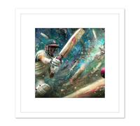 Artery8 Action Cricket Sports in Motion Batsman Splatter Oil Painting Square Wooden Framed Wall Art Print Picture 8X8 Inch in White Artery8 White