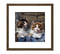Artery8 Adam Two Kittens Basket Blue Cloth Cat Painting 8X8 Inch Square Wooden Framed Wall Art Print Picture with Mount in Brown Artery8 Brown