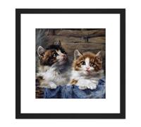 Artery8 Adam Two Kittens Basket Blue Cloth Cat Painting 8X8 Inch Square Wooden Framed Wall Art Print Picture with Mount in Black Artery8 Black