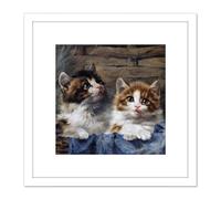 Artery8 Adam Two Kittens Basket Blue Cloth Cat Painting 8X8 Inch Square Wooden Framed Wall Art Print Picture with Mount in White Artery8 White