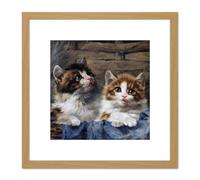 Artery8 Adam Two Kittens Basket Blue Cloth Cat Painting 8X8 Inch Square Wooden Framed Wall Art Print Picture with Mount in Light Oak Artery8 Light Oak