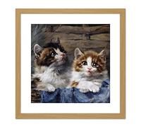 Artery8 Adam Two Kittens Basket Blue Cloth Cat Painting 9X9 Inch Square Wooden Framed Wall Art Print Picture with Mount