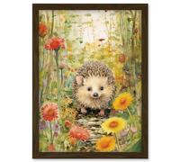 Wall Art Print Adorable Hedgehog in a Wildflower Meadow Watercolour Painting Kids Bedroom Cute Woodland Creature Artwork Framed A4 Artery8 Brown A4