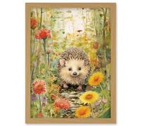 Wall Art Print Adorable Hedgehog in a Wildflower Meadow Watercolour Painting Kids Bedroom Cute Woodland Creature Artwork Framed A4 Artery8 Light Oak A4