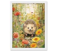 Wall Art Print Adorable Hedgehog in a Wildflower Meadow Watercolour Painting Kids Bedroom Cute Woodland Creature Artwork Framed A4 Artery8 White A4