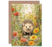 Artery8 Adorable Hedgehog Wildflower Meadow for Wife Her Mum Sister Daughter Mom Gran Nan Birthday Thank You Kids Child Blank Art Greeting Card