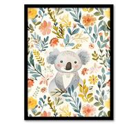 Artery8 Adorable Koala Bear in Floral Meadow Watercolour Kids Bedroom Nursery Artwork Framed Wall Art Print 18X24 Inch