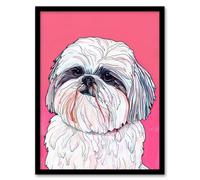 Adorable Shih Tzu Dog Lover Vibrant Pink Portrait Framed Wall Art Artery8 Pink A4