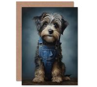 Artery8 Adorable Snorkie Dog in Blue Jean Dungarees Pet for Child Children Kids Birthday Thank You Blank Art Greeting Card