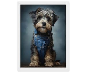 Artery8 Adorable Snorkie Dog in Blue Jean Dungarees Realistic Artwork Fun Pet Portrait Artwork Framed A3 Wall Art Print