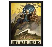 Artery8 Advert Military WWII War USA Uncle Sam Buy Bond Stars Stripes Flag Artwork Framed Wall Art Print A4