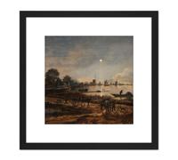 Artery8 Aert Van Der Neer Riverview By Moonlight Painting 8X8 Inch Square Wooden Framed Wall Art Print Picture with Mount in Black Artery8 Black