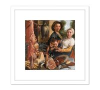 Artery8 Aertsen The Fat Kitchen Allegory Painting 8X8 Inch Square Wooden Framed Wall Art Print Picture with Mount in White Artery8 White