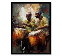 Wall Art Print African Drum Players Oil Painting Orange Yellow Blue Drummer Beat Traditional Music Songs Art Framed Artery8 Multi A4