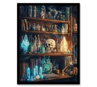 Artery8 Alchemist Bookshelf Skull Magic Crystals Potions Framed Art Print | Size: A4 Artery8 Multicolor A4