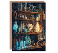 Artery8 Greeting Card Alchemist Bookshelf Skull Magic Crystals Potions Blank For Him Or Her Art Birthday Card