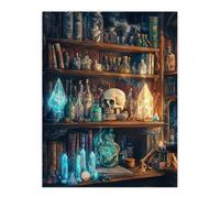 Artery8 Alchemist Bookshelf Skull Magic Crystals Potions Wall Art Print | Size: W12" x H16" Artery8 Multicolor W12" x H16"