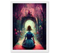 Artery8 Alice In Wonderland Through Looking Glass Enchanted Pink Forest Artwork Framed Wall Art Print A4 in White Artery8 White