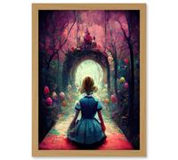 Artery8 Alice In Wonderland Through Looking Glass Enchanted Pink Forest Artwork Framed Wall Art Print A4 in Light Oak Artery8 Light Oak