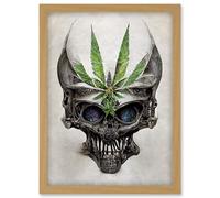 Artery8 Alien Skull With Marijuana Leaf Colour Pencil Illustration Artwork Framed Wall Art Print A4 in Light Oak Artery8 Light Oak