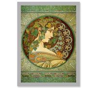 Artery8 Alphonse Mucha Laurel 1901 Art Nouveau Green Vintage Painting A4 Artwork Framed Wall Art Print in Light Grey Artery8 Light Grey