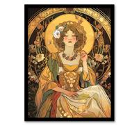 Artery8 Alphonse Mucha Style Woman Floral Art Nouveau Framed Art Print in Yellow | Size: W12" x H16" Artery8 Yellow W12" x H16"