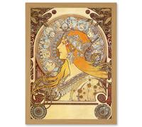 Alphonse Mucha Zodiac 1896 Art Nouveau Orange Gold Painting A4 Artwork Framed Wall Art Print Artery8 Light Oak One Size