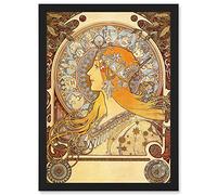 Artery8 Alphonse Mucha Zodiac 1896 Art Nouveau Orange Gold Painting A4 Artwork Framed Wall Art Print